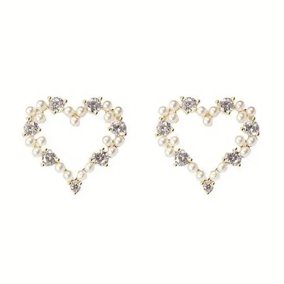Pearl & Diamond Heart Gold Toned Stud Earrings - Picture 4 of 4